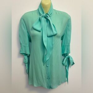 Naeem Khan Mint Green Pussybow Silk Blouse